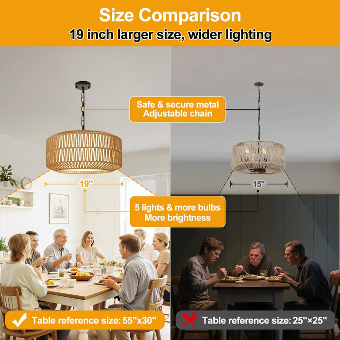 Five Light Rattan Farmhouse Chandelier Linen Shade