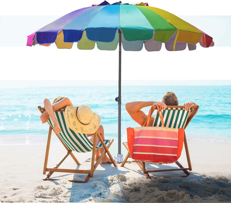 7.5Ft Heavy Duty HIGH Wind Beach Umbrella with Sand Anchor & Tilt Sun Shelter, UV 50+ Protection Outdoor Umbrellas Sunshade with Carry Bag for Patio Garden Pool Backyard Rainbow