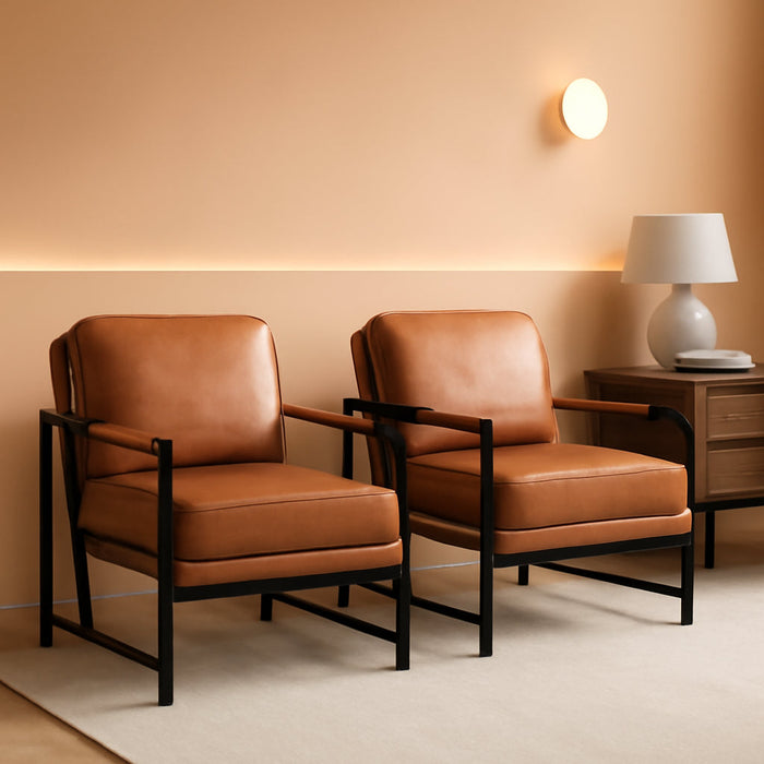 PU Leather Armchairs, Retro Leisure Accent Chair with Extra Soft Padded and Cushion, 105 Degree Slant Back, Modern Reading Arm Chair for Living Room/Office/Bedroom/Study, 2Pcs, Light Brown