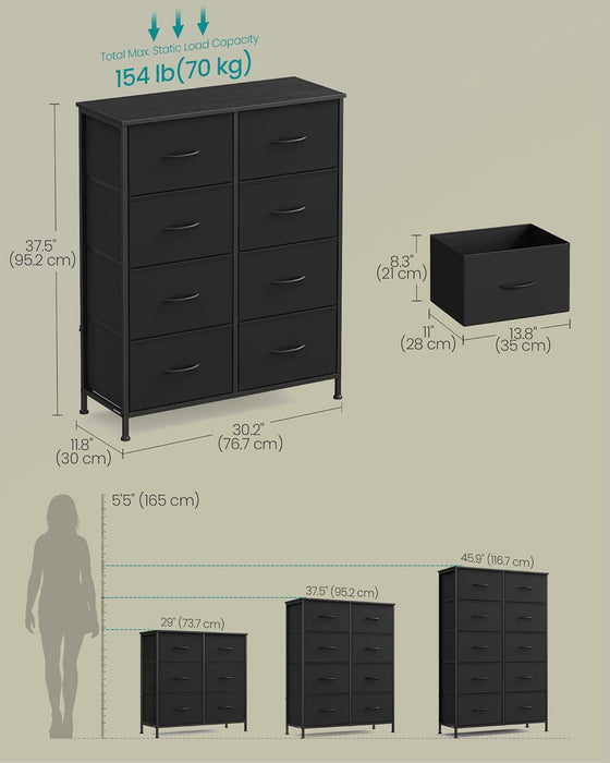 Dresser for Bedroom, Chest of Drawers, Steel, MDF, 8 Non-Woven Fabric Drawers, Storage Organizer Unit, Closet, Entryway, Ink Black and Ebony Black ULGS124B01S