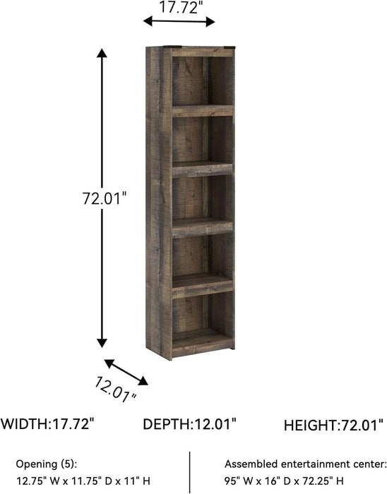 Trinell Rustic Entertainment Center Pier Bookcase with 3 Adjustable Shelves, Natural Brown