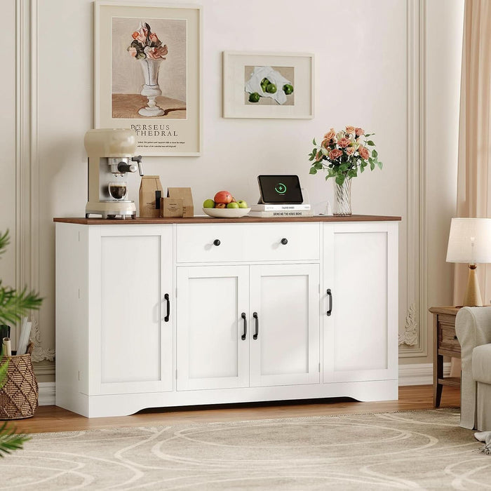 Buffet Cabinet with Storage & Charging Station, 53" Farmhouse Coffee Cabinet with Compartment Drawer, Sideboard Cabinets with Door and Adjustable Shelves for Kitchen, White