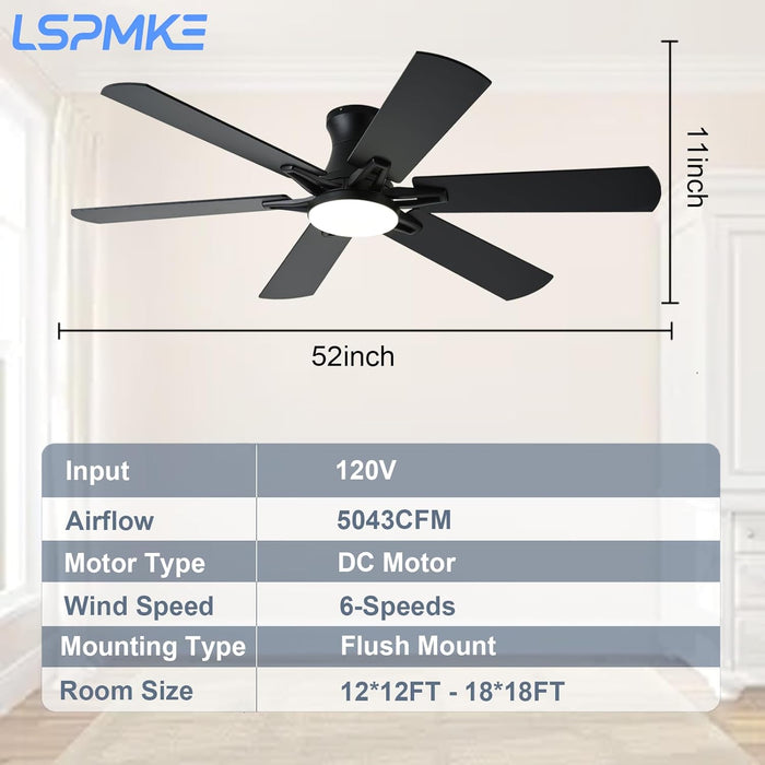 Ceiling Fans with Lights, 52 Inch Low Profile Ceiling Fan with Light and Remote, Flush Mount, Quiet, Reversible, 3CCT, Dimmable, Black RGB Ceiling Fan for Bedroom, Living Room, Indoor/Outdoor