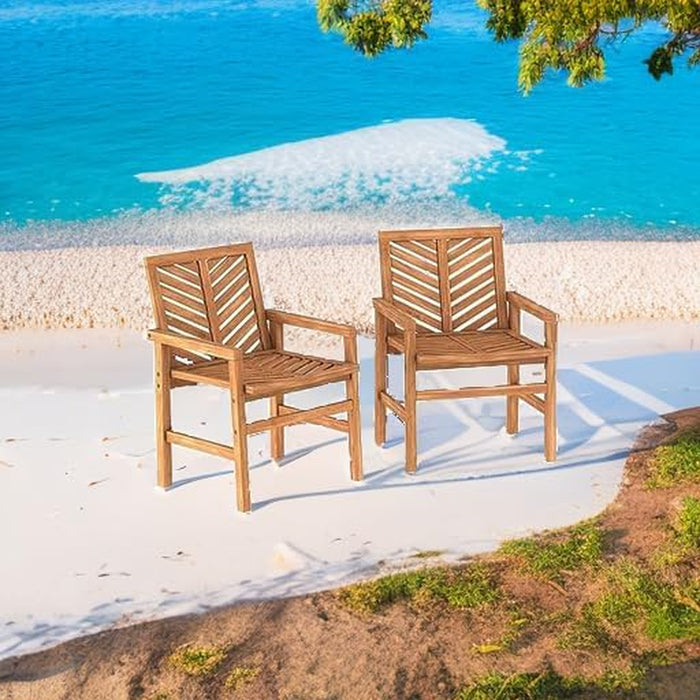 2 Piece Outdoor Patio Chevron Wood Chair Set All Weather Backyard Conversation Garden Poolside Balcony, Set of 2, Brown