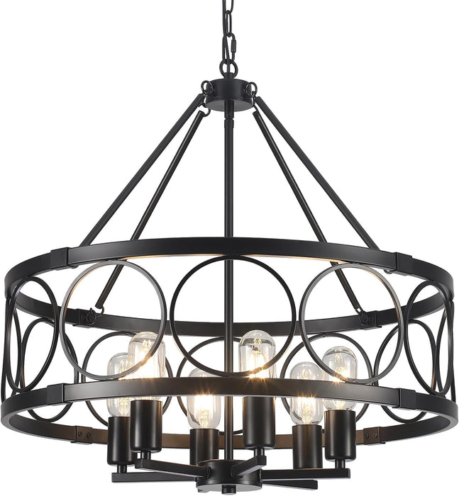 Black Farmhouse Chandelier, 6-Light Rustic Chandeliers for Dining Room Light Fixture, Drum Chandelier round Pendant Light, Hanging Kitchen Island Lighting for Living Room, Entryway, Foyer