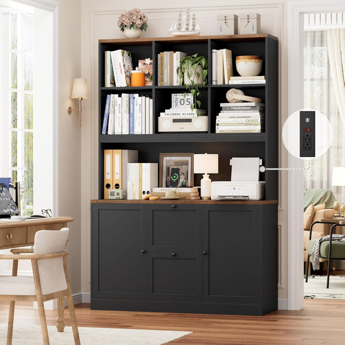SeventyTwoInch Tall Black Bookcase With PowerOutlet System