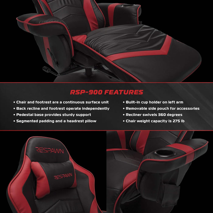 900 Gaming Recliner - Video Games Console Recliner Chair, Computer Recliner, Adjustable Leg Rest and Recline, Recliner with Cupholder, Reclining Gaming Chair with Footrest - Red