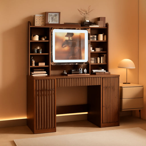 43.3" Fluted Vanity Desk with Mirror and Lights, Wood Makeup Vanity Desk with Charging Station & Mobile Mirror, Modern Dressing Table with Adjustable Shelves & Jewelry Hooks for Girls, Women, Walnut