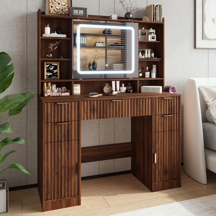 43.3" Fluted Vanity Desk with Mirror and Lights, Wood Makeup Vanity Desk with Charging Station & Mobile Mirror, Modern Dressing Table with Adjustable Shelves & Jewelry Hooks for Girls, Women, Walnut