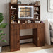 43.3" Fluted Vanity Desk with Mirror and Lights, Wood Makeup Vanity Desk with Charging Station & Mobile Mirror, Modern Dressing Table with Adjustable Shelves & Jewelry Hooks for Girls, Women, Walnut