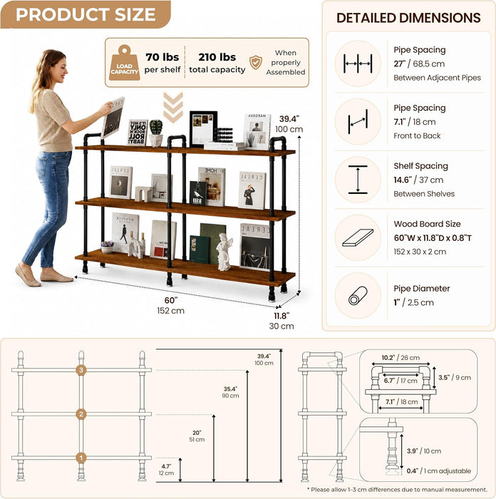 Industrial Bookshelf, Pipe Shelf Bookcase, 3 Tier, 60" Rustic Brown | Solid Pine Shelves, 60 Inch Wide, Black Pipe Frame, 70 Lbs per Shelf, Open Bookcase for Books, Plants, Office