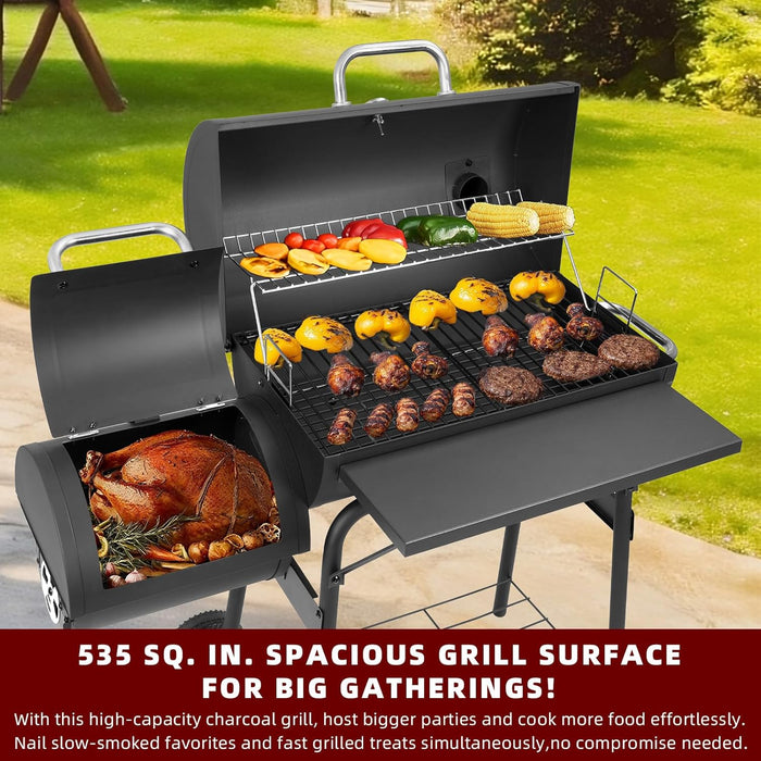Charcoal Grill with Offset Smoker,Bbq Grills with Side Table,Outdoor Cooking with 535 Square Inches,Backyard Camping Picnics, Patio and Parties, Black by