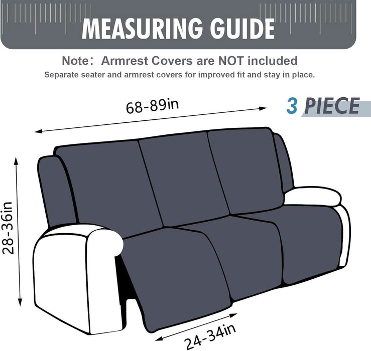 100% Waterproof Recliner Sofa Slipcovers, 3 Pieces Stretch Reclining Couch Covers for 3 Cushion Couch Sofa Pet Friendly Washable Furniture Covers for Dogs, Pets, Kids (Dark Gray, 3 Seater)