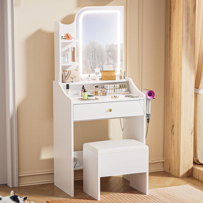 Small Vanity Desk with Lighted Mirror, Makeup Vanity Set with Lights, Drawers, Charging Station, Storage Bench, Open Shelf, Dressing Table for Small Room, Vanities for Girl & Kids, White