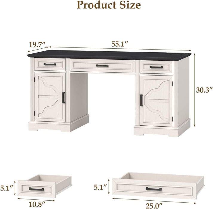 55.1" Modern Farmhouse Executive Desk with Built-In Charging Station, Home Office Computer Desk with 3 Drawers, 2 Adjustable Cabinets, Large Storage Writing Workstation for Working, White