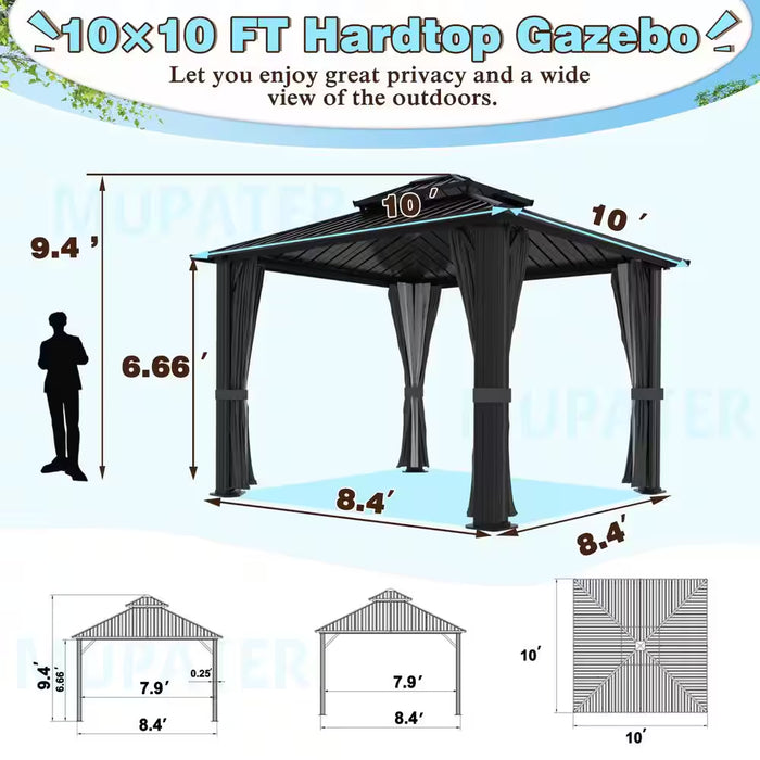 10 Ft. W X 10 Ft. D Hardtop Gazebo Aluminum Double Roof Metal Gazebo with Curtain and Netting