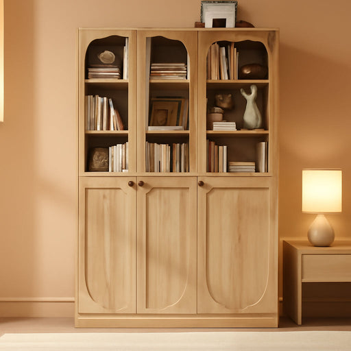 80" Arched Bookcase with Tempered Glass & Soft Close Doors, 2 Set | Tall Bookshelf with Storage, Wooden 6-Tier Pantry Cabinet with Seamless Fit Wall for Home Office, Living Room, Kitchen