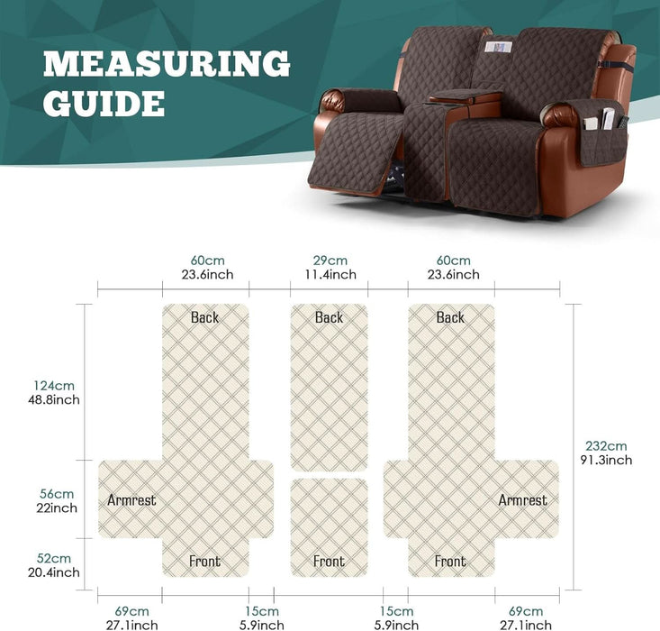 Waterproof Loveseat Recliner Cover with Console Non-Slip Reclining Couch Covers Split Sofa Slipcovers with Elastic Straps for Kids, Dogs, Pets (Chocolate, 2 Seater)