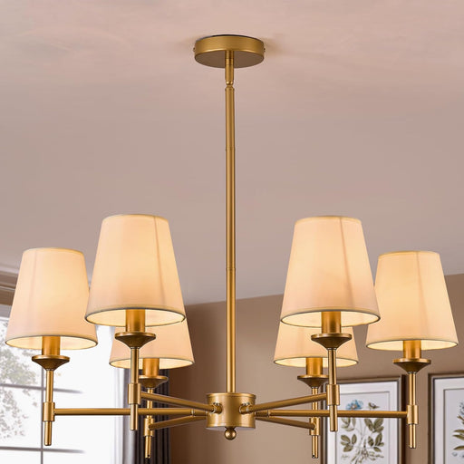 Gold Chandelier with Shades 6 Light Ceiling Light Fixture with Linen Fabric Farmhouse Pendant Lights for Bedroom Kitchen Dining Room Living Room Foyer