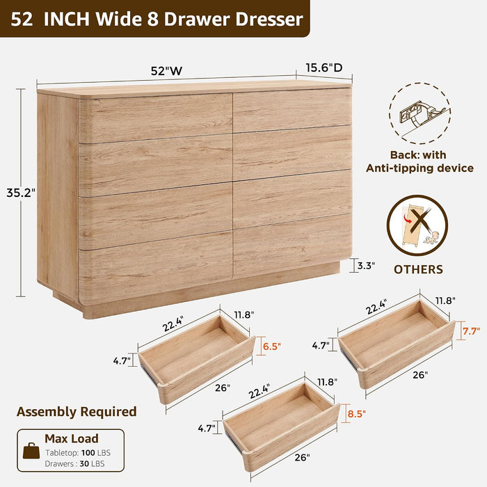 8 Drawer Dresser for Bedroom, 52 Inch Wide Modern Chest of Drawers, Push-To-Open Wood Storgae Organizer with Large Drawers for Bedroom, Living Room, Hallway,Natural Oak