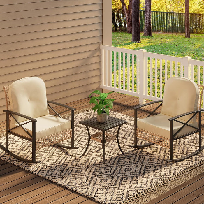 Patio Furniture Set 3 Piece, Rattan Rocking Bistro Table and Chairs Set of 2, Wicker Outdoor Indoor Conversation Set with Soft Thick Cushions and 2-Tier Coffee Table for Balcony, Lawn, Backyard