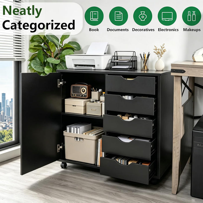 Black IndustrialGrade SolidWood File Cabinet On Wheels
