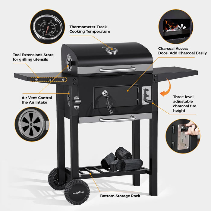 Charcoal Grills with Two Foldable Side Tables, 353 Sq.In Cooking Area Outdoor Smoke Barbecue Bbq Grill for Camping, Backyard Party, Patio, Picnic, Garden, Black,18"D X 43"W X 37"H