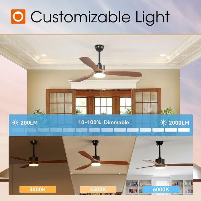 52 Inch Ceiling Fans with Lights and Remote Control, Reversible, 3 Wood Blades, 6 Speeds, 3CCT Dimmable, Noiseless, Indoor/Outdoor Black Walnut Ceiling Fan for Bedroom Living Room Gazebo Patio
