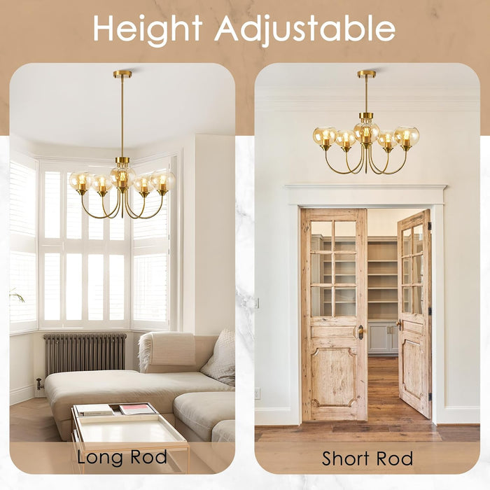 Translucent Amber Glass Five Light Globular Chandelier