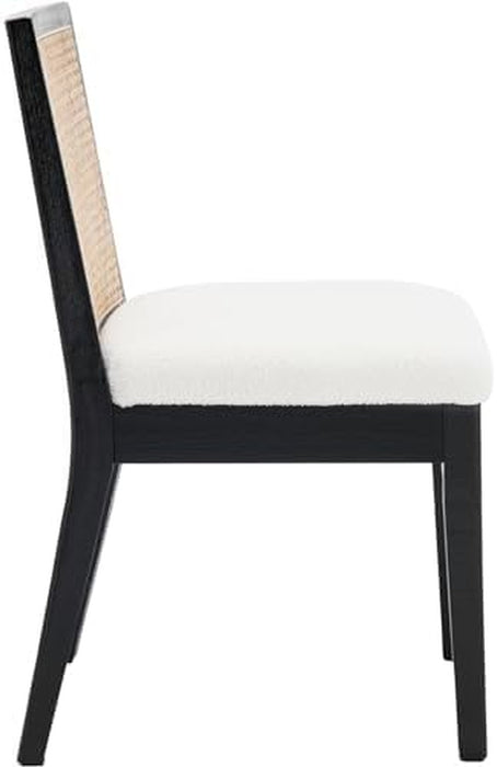 Rattan Dining Chairs Set of 4, Farmhouse Boucle Kitchen Chairs with Cane Back, Upholstered Sherpa Dining Room Chairs Comfy Side Wood Chair for Living Room/Restaurant, Black Sherpa