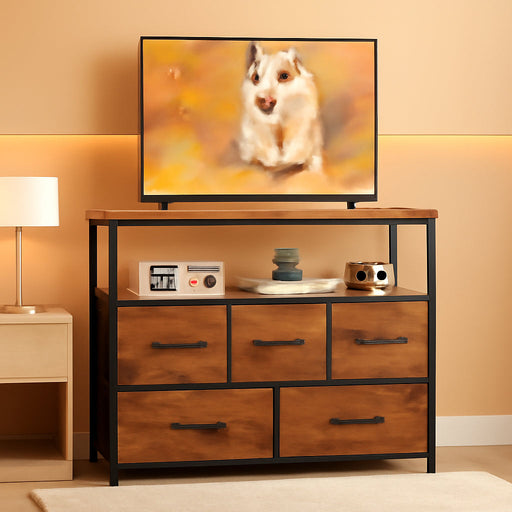 TV Stand Dresser for Bedroom with 5 Fabric Drawer,Entertainment Center for 45 Inch Television, Media Console Table with Storage, Open Shelf, Adjustable Feet, Living Room Furniture, Brown