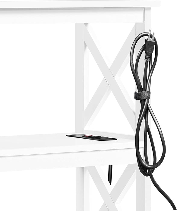 Entryway Table with Storage Shelves, Console Table with Power Outlets and USB Ports, Wood Narrow Sofa Tables with X-Shaped Design for Living Room/Hallway/Couch, White