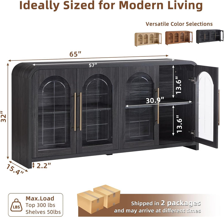 65" Sideboard Buffet Cabinet with Arched Glass Doors, Dark Gray | Modern Wood Sideboard, Spacious Storage Credenza, Adjustable Shelves, Living Room Accent Cabinet, Dining Room & Entryway Use