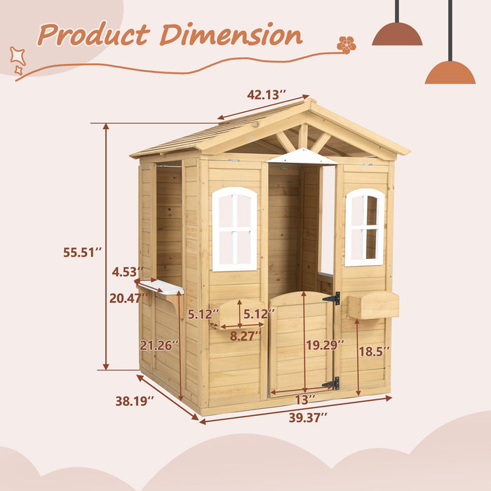 Wooden Kids Playhouse, Outdoor Playhouse with Working Door & Flowers Pot Holder, Oak