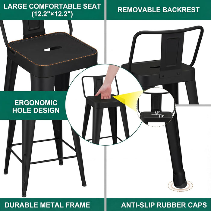Metal Bar Stools Set of 4 Counter Height Black Barstools with Removable Back 24" Kitchen Bar Stools