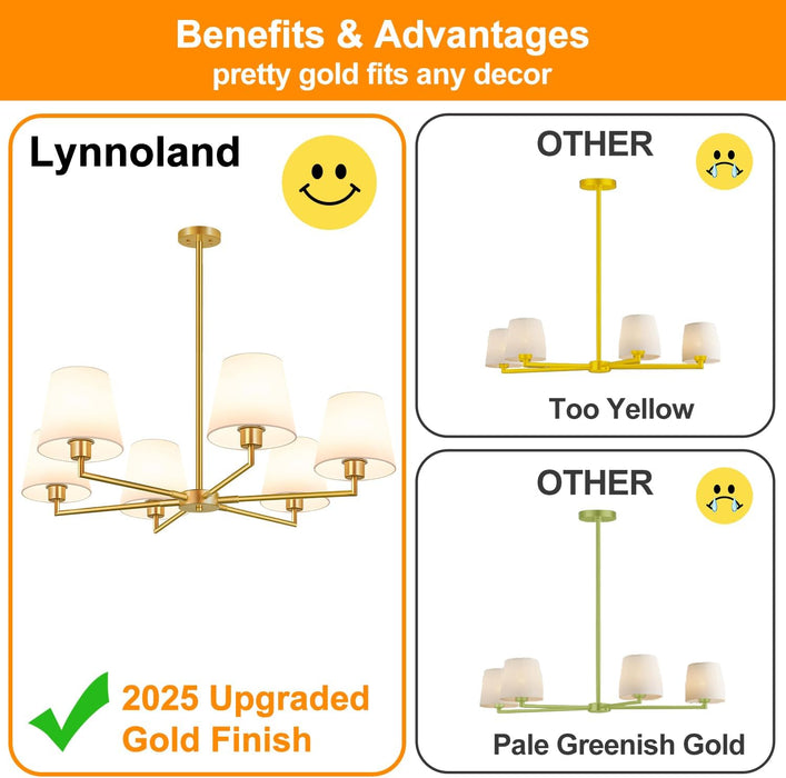 36" Gold Chandelier for Dining Room Light Fixture (6-Light, 36-Inch), Adjustable Linear Gold Dining Room Chandelier with White Fabric Shade, Linear Pendant Light Fixture for Kitchen Bulb Not Included