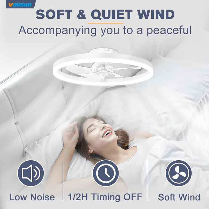 Low Profile Ceiling Fan with Lights and Remote, 15.7In Bladeless Ceiling Fans with Light Flush Mount, 3000K-6500K Dimmable Modern LED Fan Light, White Fandelier Ceiling Fans for Bedroom