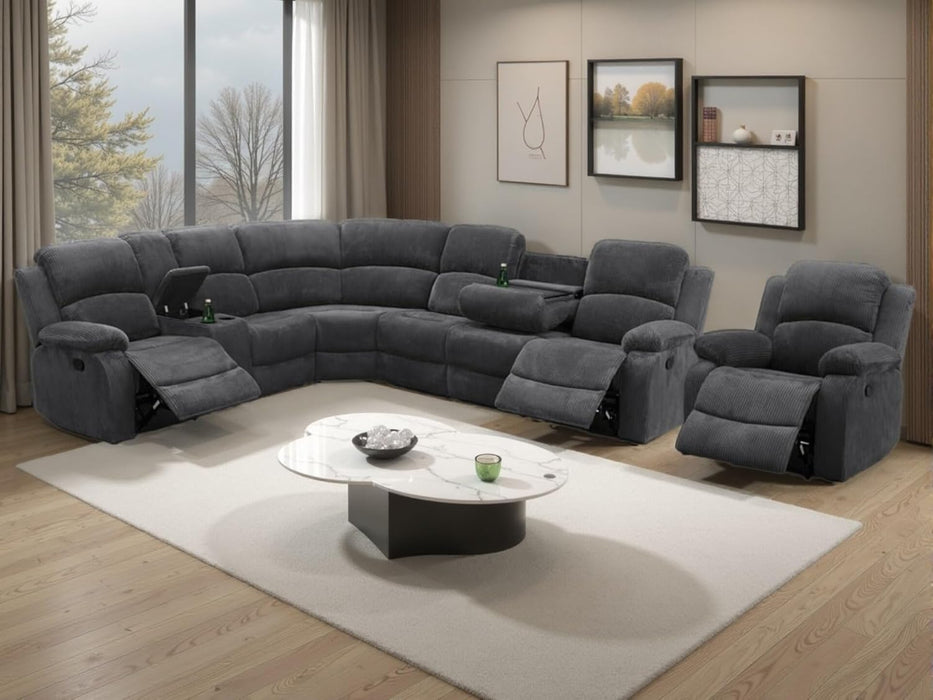 Manual Reclining Sofa Set with Drop-Down Table, Corduroy Sofa Sets, Living Room Furniture Sets, Modern Manual Recliner Sofa Sets with Storage Console for Living Room (Dark Grey, Sectional+Chair)