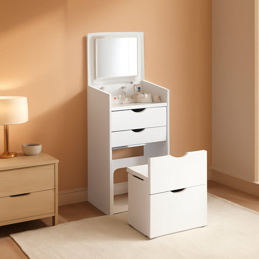 3-In-1 Vanity with Mirror and Lights, Modern Compact Vanity Table with 3 Storage Drawer, Small Makeup Vanity Desk, Dressing Table with Cushioned Stool for Bedroom, Cloakroom (Flip Vanity White)