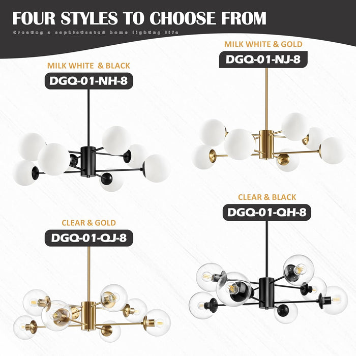 8-Light Globe Sputnik Chandelier Black Mid Century Modern Light Fixture Matte Black Finished with White Frosted Globe Glass Lampshade Sputnik Chandeliers for Dining Room Bedroom Kitchen Island