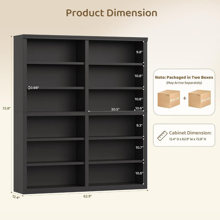 73" Tall Double Wide Bookshelf, 63" W 6-Tier Open Shelves, Black | Large Bookshelf and Bookcase, 12 Display Shelves, Modern Wood Book Shelf with Storage for Library, Home Office, Living Room