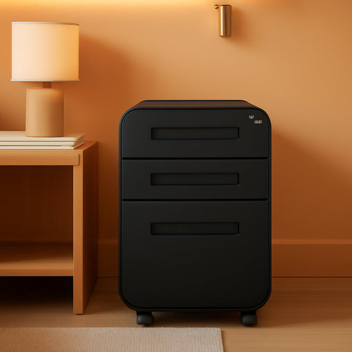 Stockpile 3 Drawer File Cabinet with Lock - under Office Desk Metal Filing Cabinet, Legal/Letter File Folders, Wheels and Stationary Feet, Pre-Assembled, Black