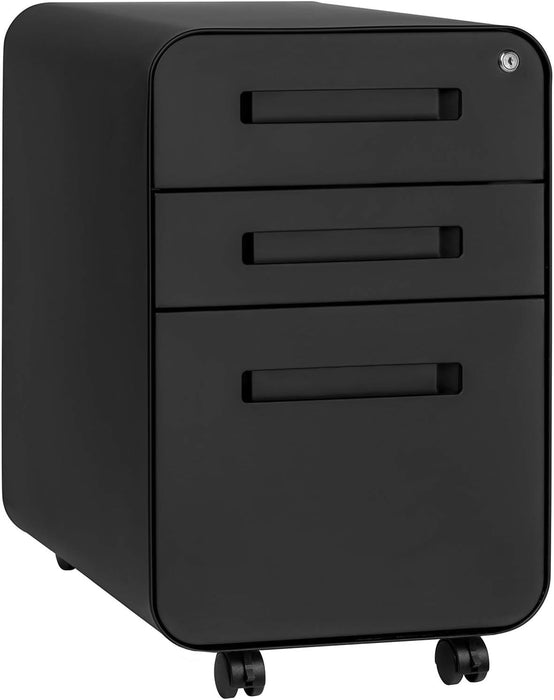 Stockpile 3 Drawer File Cabinet with Lock - under Office Desk Metal Filing Cabinet, Legal/Letter File Folders, Wheels and Stationary Feet, Pre-Assembled, Black