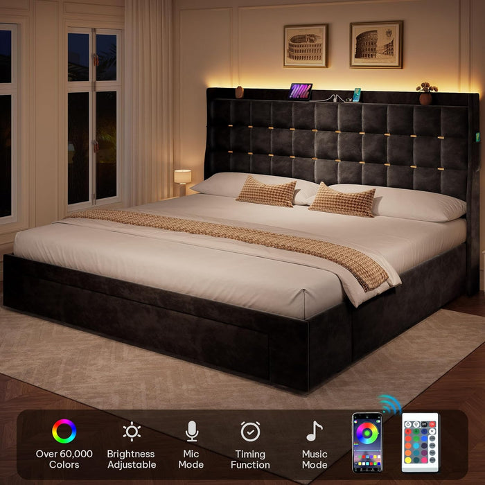 King Size Bed Frame with 3 Storage Drawers and RGB LED Lights, Velvet Upholstered Bed with Charging Station and Storage Headboard, No Box Spring Needed, Easy Assembly, Noise-Free, Black