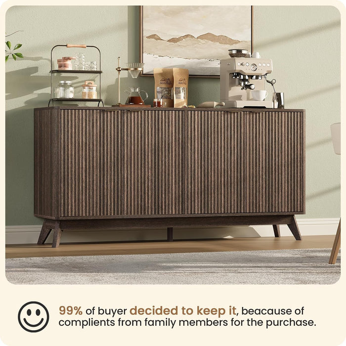 59'' Sideboard Buffet Storage Cabinet with Metal Handle, Fluted Cabinet with Rounded Corners, Modern Buffet Table Accent with 4 Doors for Coffee Bar, Console Table,Walnut