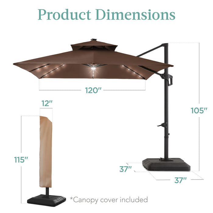 10X10Ft 2-Tier Square Outdoor Solar LED Cantilever Patio Umbrella W/ Base Included - Brown