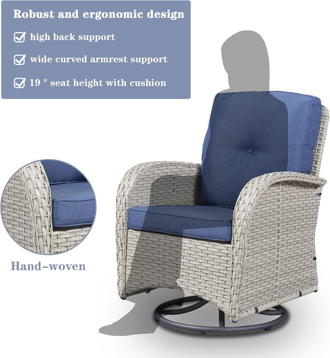 Patio Wicker Chairs Swivel Rocker - Outdoor Swivel Rocking Chairs Set of 2 with Rattan Side Table,3 Piece Patio Swivel Glider Chair Furniture Sets for Patio Porch Pool Light Beige/Blue