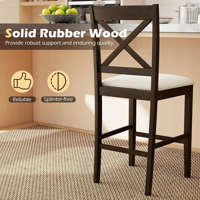 24" Farmhouse Bar Stools Set of 2, Cross Back Counter Height Chairs with Padded Linen Upholstered Seat & Footrest, Wooden Barstools for Kitchen Island, Dining Room, Cafe, Dark Brown & Cream