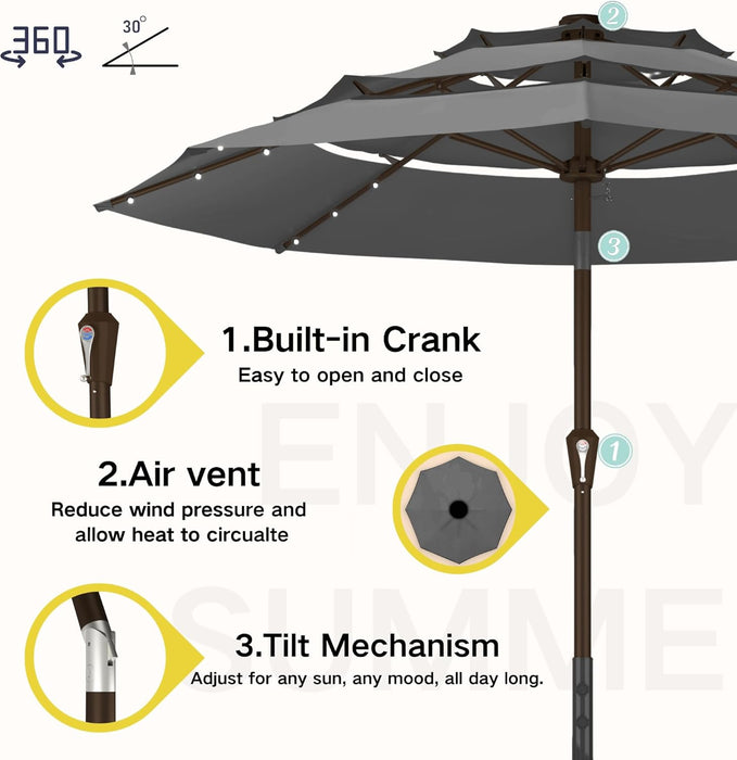 10Ft 3-Tier Patio Umbrella with Solar Lights, Table Umbrella Outdoor Patio with Easy Crank & Tilt, 8 Sturdy Ribs, UV Protection, 32 LED Lights for Deck, Poolside, Market (Grey)