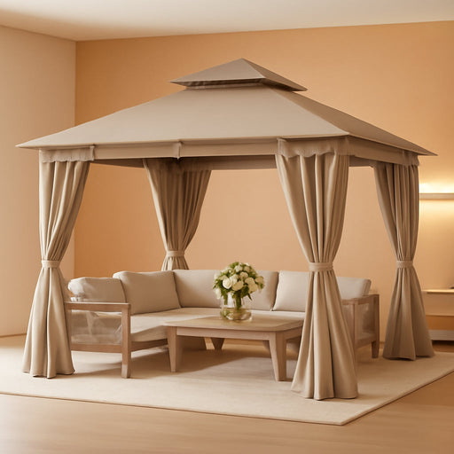 10'X10' Outdoor Gazebo, Heavy Duty Metal Patio Canopy Tent Shelter with Double Roof, Mosquito Netting & Privacy Curtains for Backyard, Garden, Deck, Lawn, Khaki
